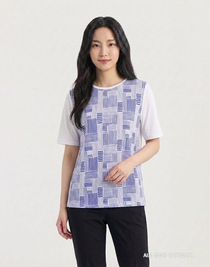프린트 라운드 소매 배색 티셔츠CLCMTS905