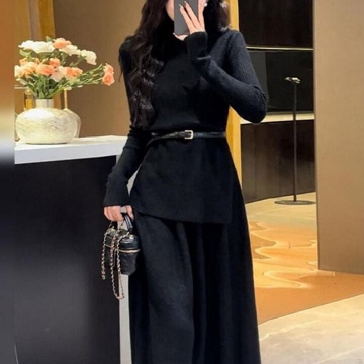 여성 겨울 라운드넥 언발 니트 롱 스커트 벨트 투피스 정장원피스
