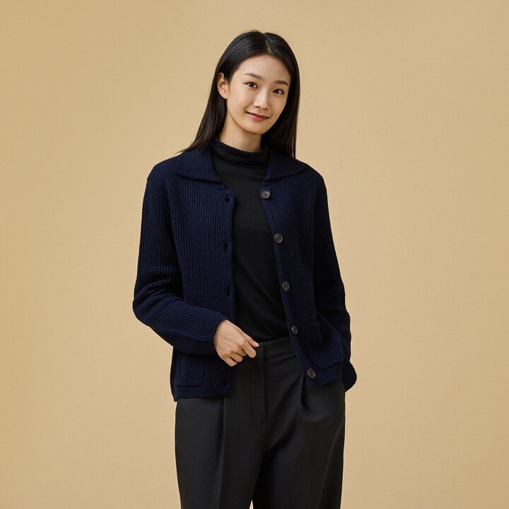 [JAJU/자주] 여 카라 버튼 가디건_네이비
