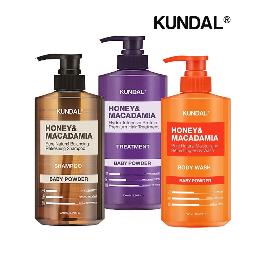 쿤달 허니앤마카다미아 베이비파우더 샴푸+트리트먼트+바디워시 500ml 세트