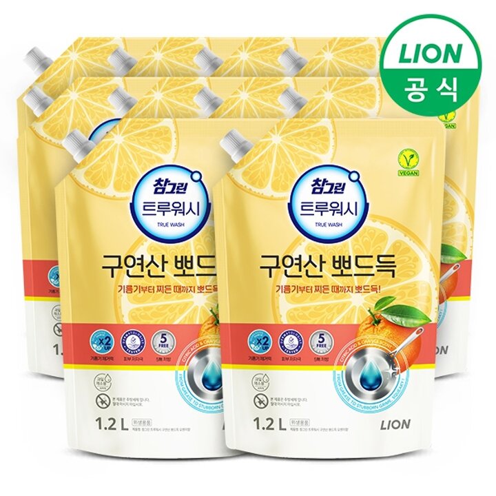 참그린 구연산 물때 제거 트루워시 주방세제 1.2L 리필 10개 오렌지향/레몬향