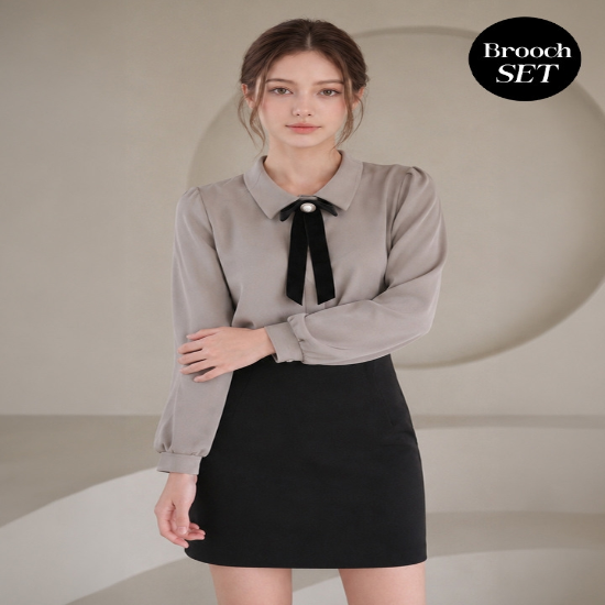 [브로치SET]벨벳 브로치 카라넥 블라우스O2609BL133C