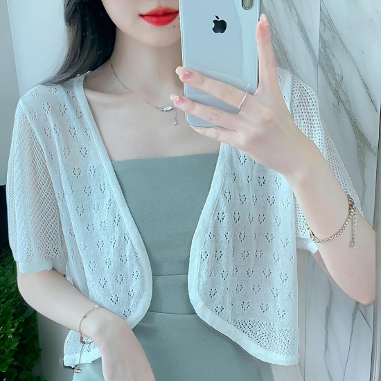 [옷자락] 여성 펀칭 노버튼 볼레로 크롭 그물 가디건
