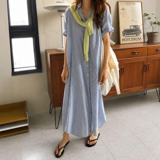 스트라이프 셔츠 카라원피스 루즈핏 롱원피스
