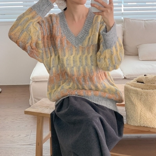 [다잇템] 여자 V넥 피셔맨 수채화 레인보우 울스웨터 니트19397915588872