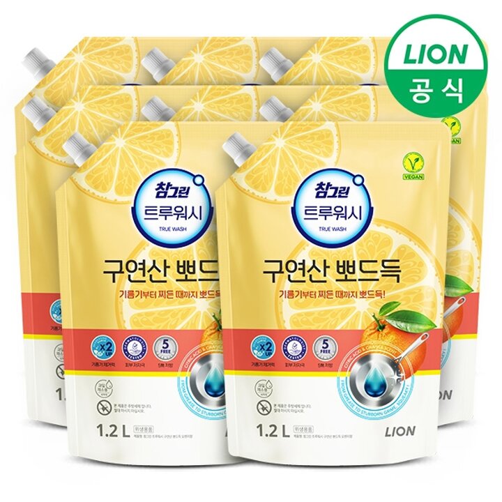 참그린 구연산 물때 제거 트루워시 주방세제 1.2L 리필 8개 오렌지향/레몬향
