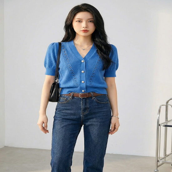 코발트블루 v넥 반팔 니트 가디건