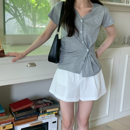 르티코 브이넥 골지 베이직 반팔 가디건