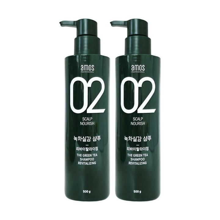 [amos] 아모스 녹차실감 샴푸 500g 2개 리바이탈 라이징 두피 모발 케어