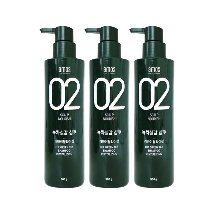 [amos] 아모스 녹차실감 샴푸 500g 3개 리바이탈 라이징 두피 모발 케어