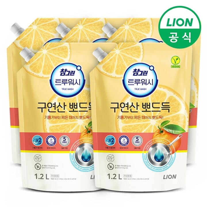 참그린 구연산 물때 제거 트루워시 주방세제 1.2L 리필 5개 오렌지향/레몬향