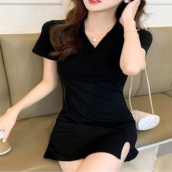 v넥 트임 카라 반팔 슬림핏 블랙 미니 원피스 데이트19869837667501