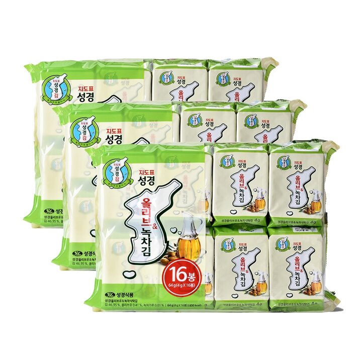[성경김본사] 지도표성경 올리브녹차 식탁김 4gx16봉x3개(총48봉)