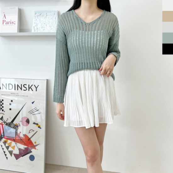 블레오 여성 봄 여름 브이넥 시스루 그물 데일리 긴팔 니트