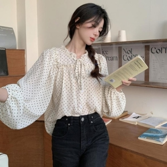 [다잇템] 여자 프릴넥 땡땡이 펌킨 리본보우 롱슬리브 중세풍 블라우스18412818588872