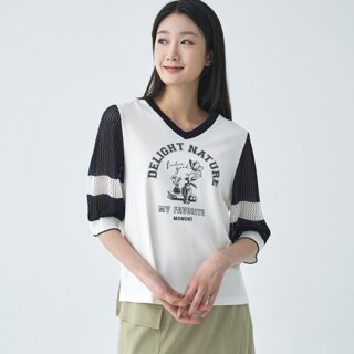 [지센] 매쉬 배색 브이넥 5부 티셔츠 LCTSO333_WH
