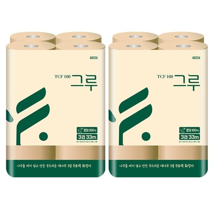 [삼정펄프] 그루 대나무 천연펄프 무표백 화장지 3겹 33M 12롤x2팩