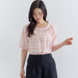 [지센] (2컬러) 체크 셔링넥 퍼프소매 셔츠 LCWSP523