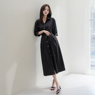 메그넨 카라 벨트 7부 롱 원피스