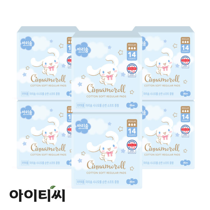 마리솜 시나모롤 순면 소프트 중형 생리대(14입)X6팩