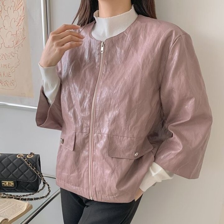 [하프클럽/옷자락]여성 퀼팅 가죽 노카라 팔부 스트링 봄 집업 자켓