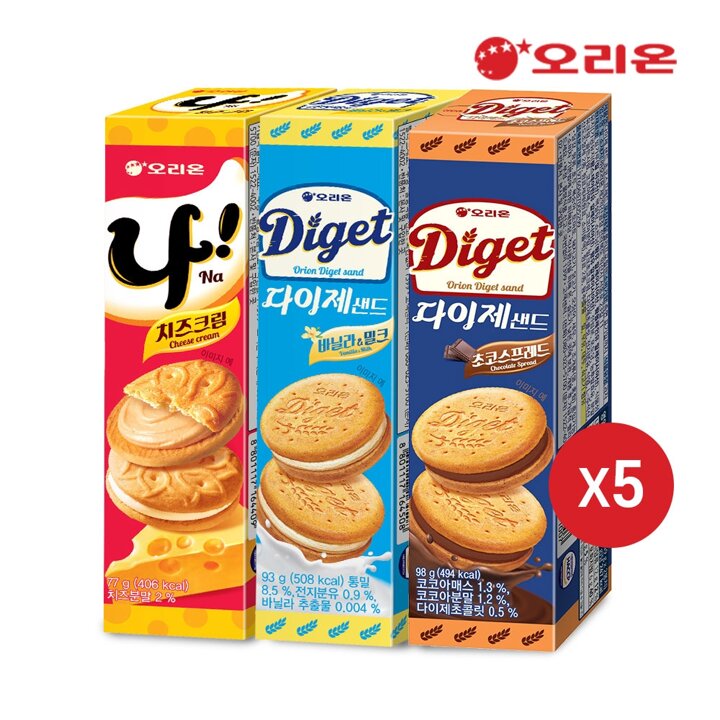 오리온 다이제샌드 바닐라밀크 2p(93g) 5개+초코스프레드(98g) 5개+나샌드(77g) 5개