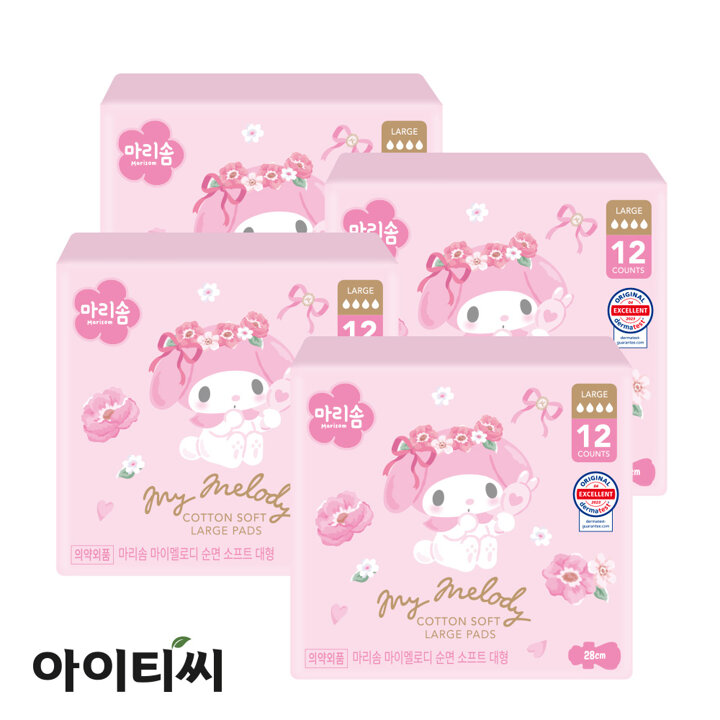 마리솜 마이멜로디 순면 소프트 대형 생리대(12입)X4팩