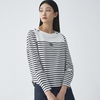 [지센] (2컬러) 스트라이프 자수 포인트 긴팔 티셔츠 LCTSO226