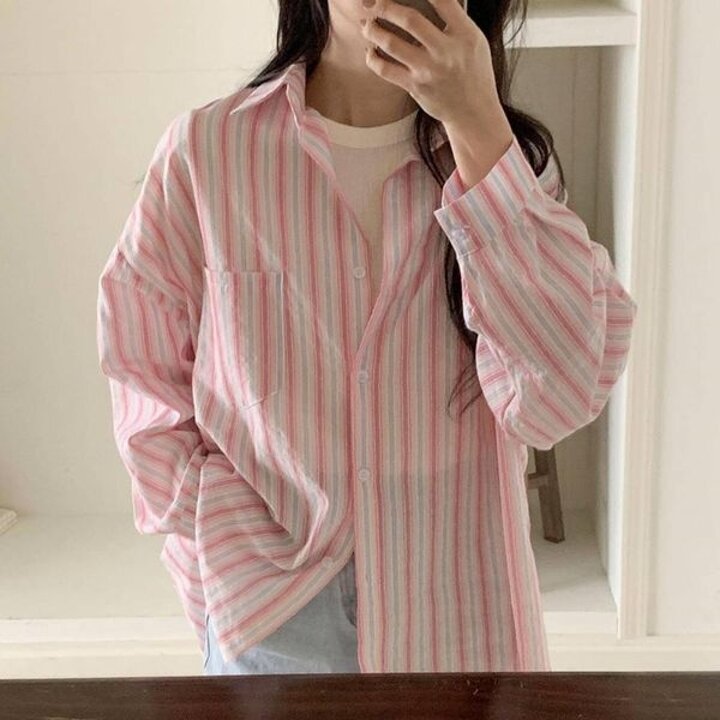 [하프클럽/옷자락]여자 루즈핏 포켓 배색 단가라 포켓 남방 셔츠