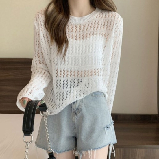 [옷자락] 여성 여름 시스루 니트 긴팔 짜임 그물 디자인