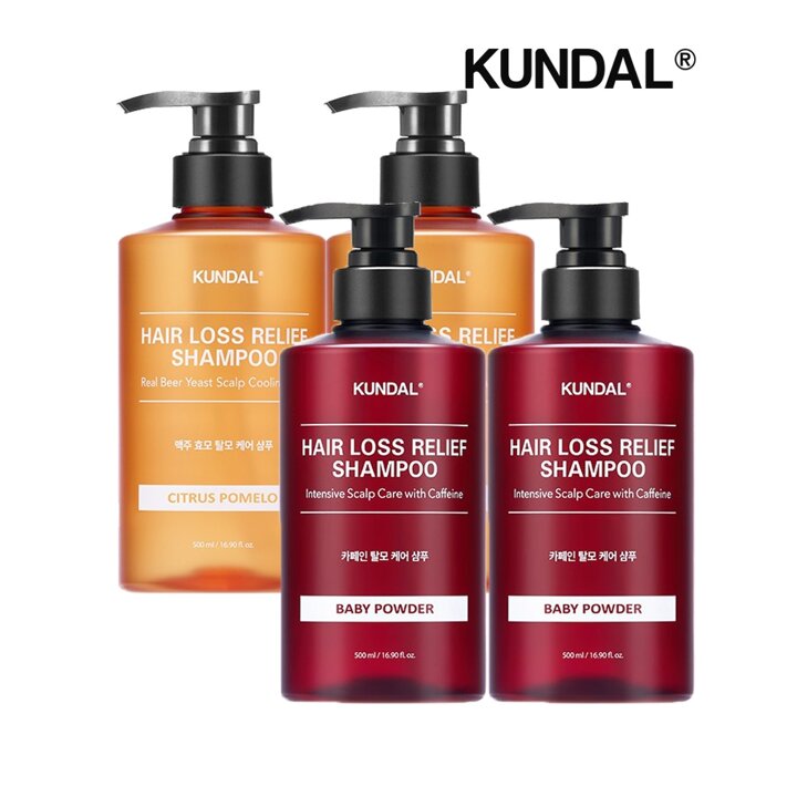 쿤달 카페인 탈모샴푸 베이비파우더 500ml x2개+맥주효모 탈모샴푸 시트러스포멜로 500ml x2개