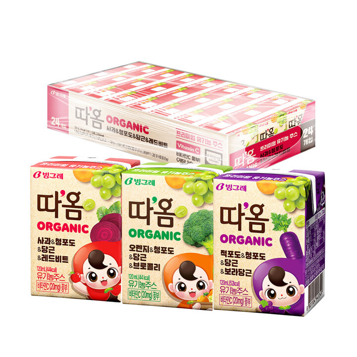 [빙그레] 따옴 유기농주스 120ml 사과/오렌지/적포도 24팩