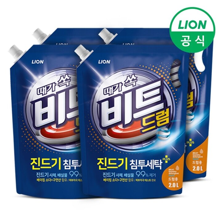 비트 세탁세제 액체 2L 파우치 리필형 4개 드럼용 진드기 찌든때 제거 베이킹소다 구연산 함유