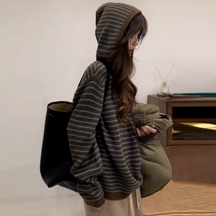 [리즈무드] 에르 스트라이프 하찌 후드 니트