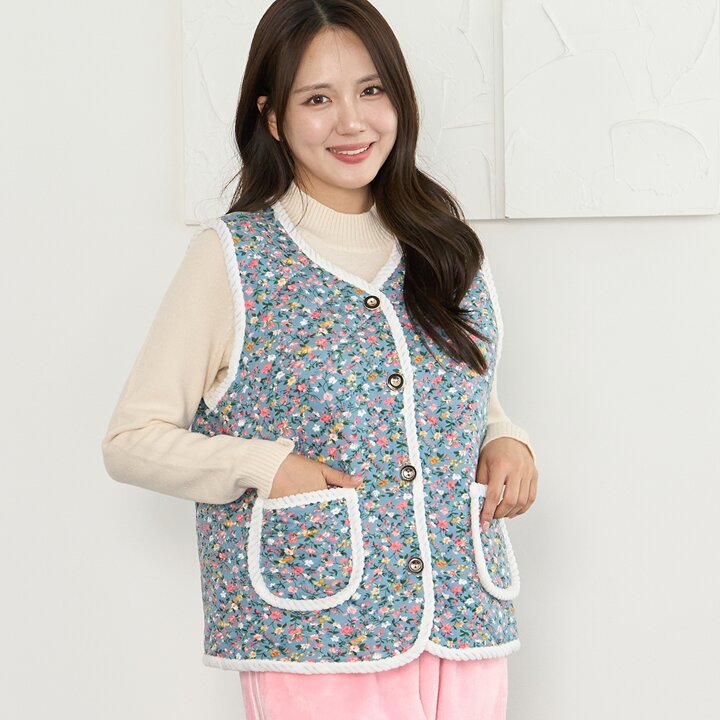 꽃무늬 융털 조끼 할머니 촌캉스 누빔 방한 털 중년 꽃조끼 체크 레트로 엄마조끼