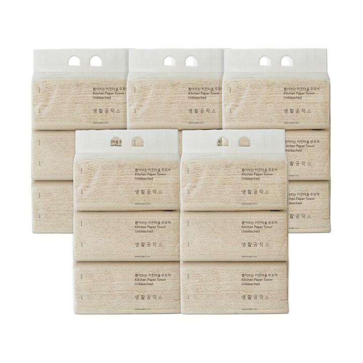 [생활공작소] 뽑아쓰는 키친타올 무표백 (100매x3팩) x 5개 (100천연펄프)