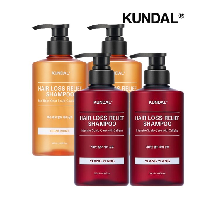 쿤달 카페인 탈모샴푸 일랑일랑 500ml x2개+맥주효모 탈모샴푸 허브민트 500ml x2개