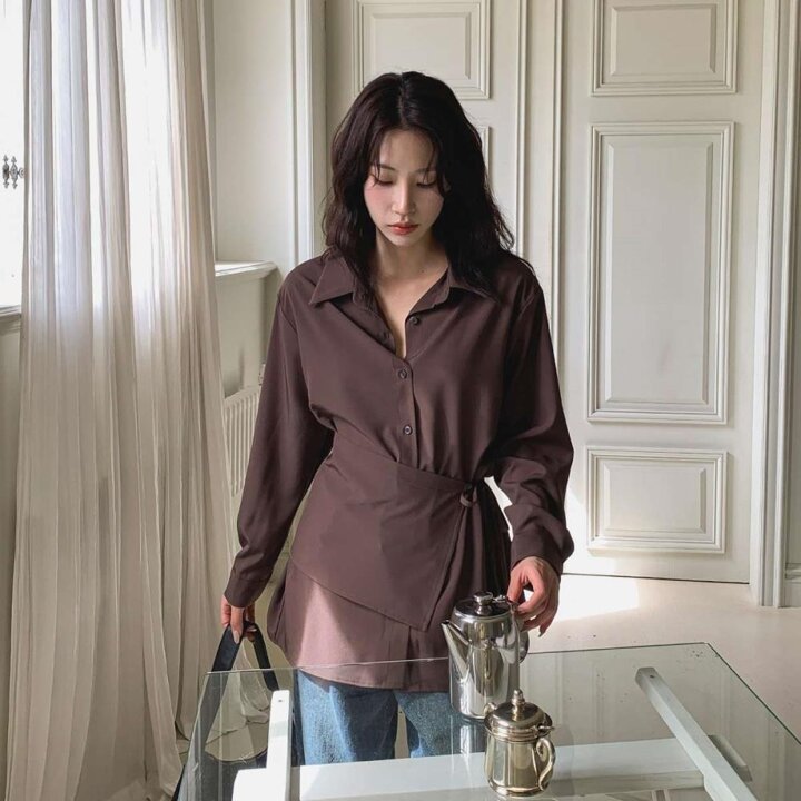 [옷자락] 여성 유니크 언발 랩 레이어드 루즈핏 긴팔 셔츠