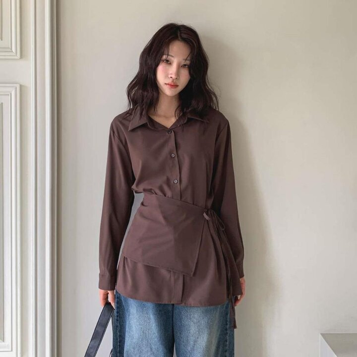 [옷자락] 여성 유니크 언발 랩 레이어드 루즈핏 긴팔 셔츠