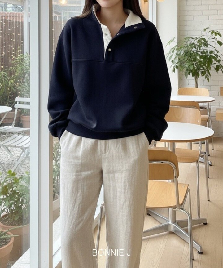 여성 겨울 가을 일상 버튼 목 배색 포인트 맨투맨 긴