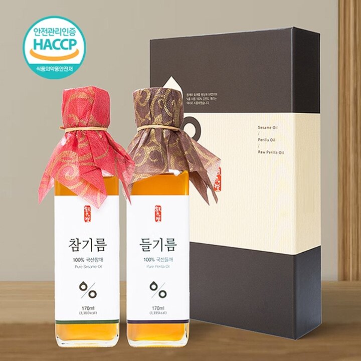 [웰굿]국산 저온압착 참기름 들기름 선물세트 1호(참기름,들기름,각170ml)
