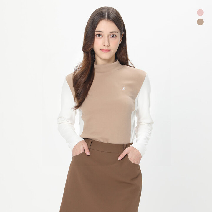 데니스골프 25FW신상 여성 리브 블록 모크넥 긴팔 티셔츠_NAQFLTS054