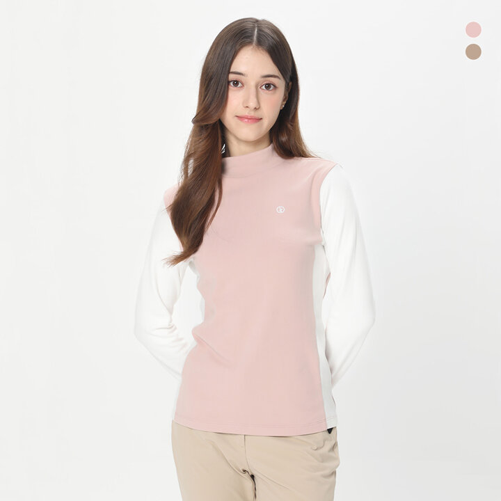 데니스골프 25FW신상 여성 리브 블록 모크넥 긴팔 티셔츠_NAQFLTS054