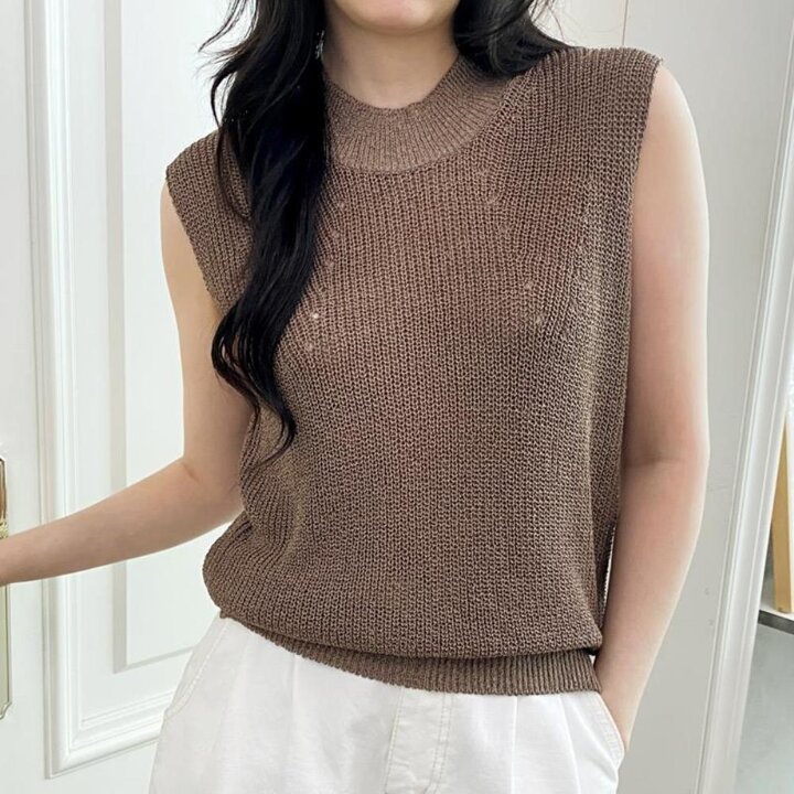 [옷자락] 여자 클래식 무지 시보리 린넨 짜임 반목 민소매 니트