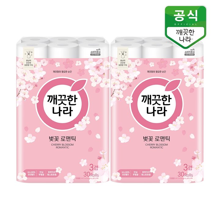 깨끗한나라 벚꽃 로맨틱 3겹 화장지 27m 30롤 x 2팩