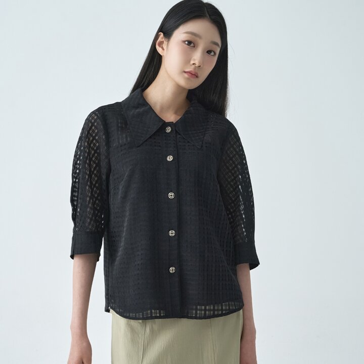 [지센] (2컬러) 피어로즈 시쓰루 체크 빅카라 블라우스 LFWSO592