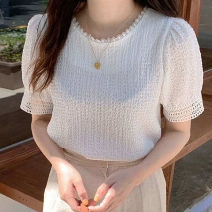 모노무드 레이스 포인트 화이트 블라우스 여름 반팔 하객룩
