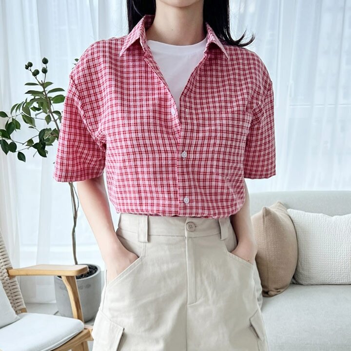 [sado]여성  면혼방 시어서커 여름 체크 반팔 남방 셔츠 오버핏 4종 택1 SS1022W
