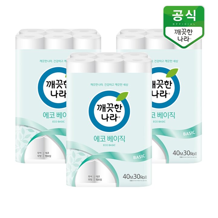 깨끗한나라 에코베이직 롤화장지 40m 30롤 x 3팩