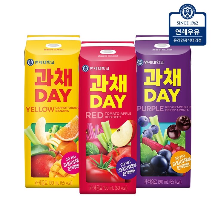 연세우유 과채데이 음료 버라이어티팩 레드/퍼플/옐로우 72팩